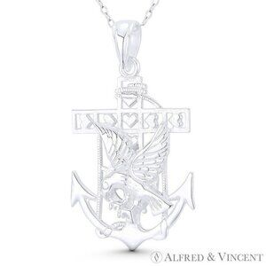 Ship's Anchor Eagle & Helm / Wheel Mariners Charm Pendant in 925 Sterling Silver